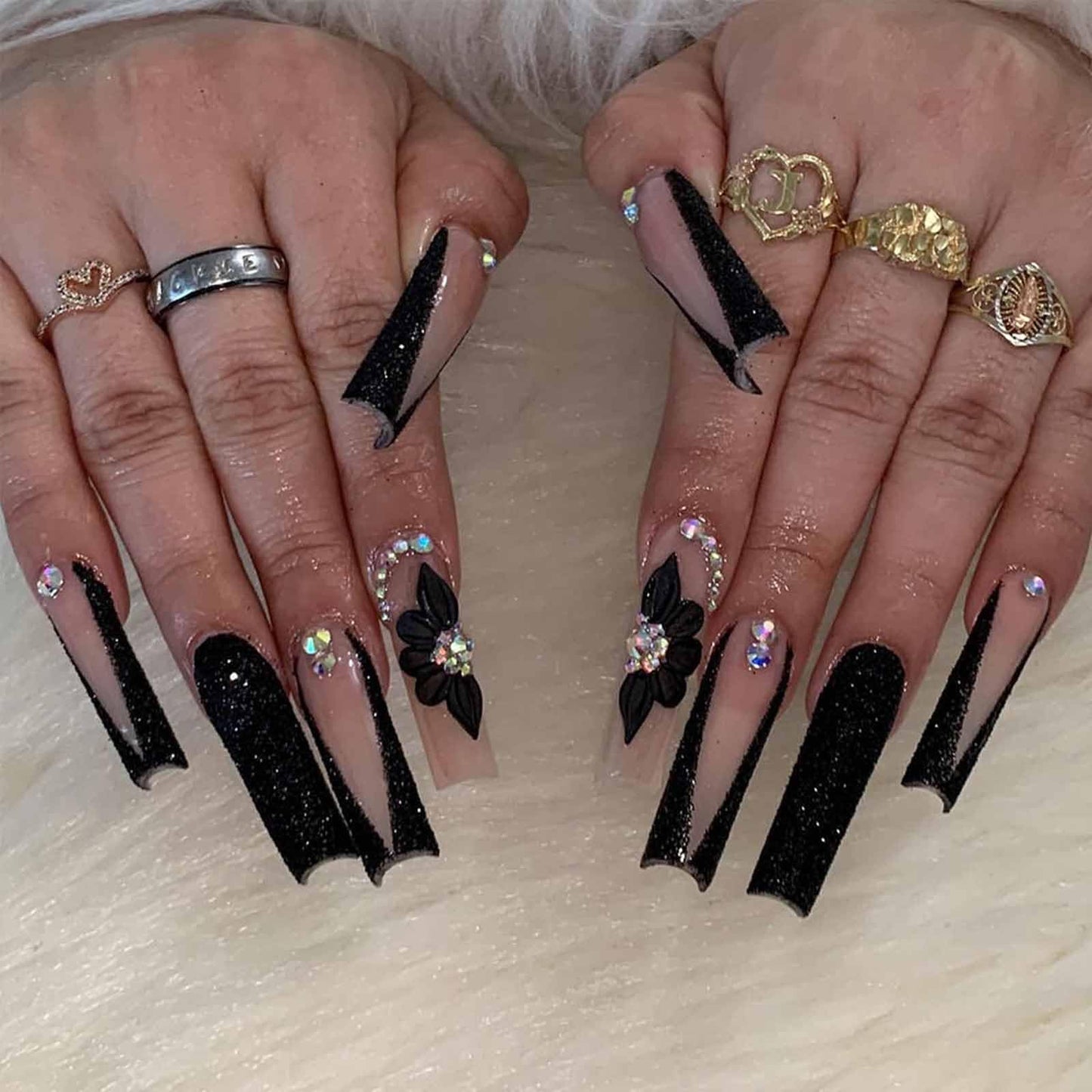 IMSOHOT Press on Nails Long Square Fake Nails Black French False Nail Tips Glossy Acrylic Full Cover Rhinestones Glitter Glue on Nails for Women 24Pcs