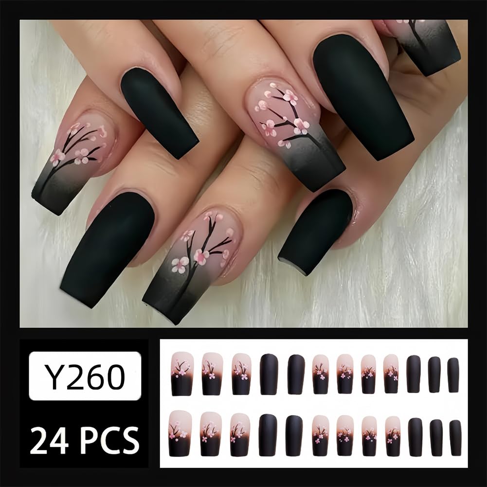Spring Press on Nails 24Pcs Pink Black Ombre Medium Square Press on Nail Coffin Full Cover Fake Nails With Flowers Designs Acrylic Nail Press Ons Kit Press on Nails For Women