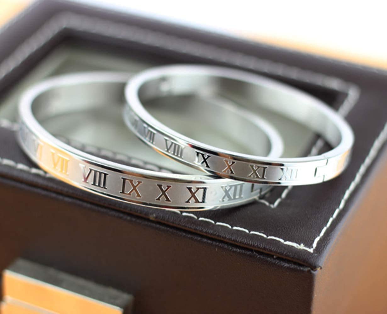 Jarlinwel Gold Silver Plated Bracelets for Men Women Roman Numeral Bangle Bracelet Stainless Steel Personalized Engraved Unisex Gift (Silver 6mm Womens)