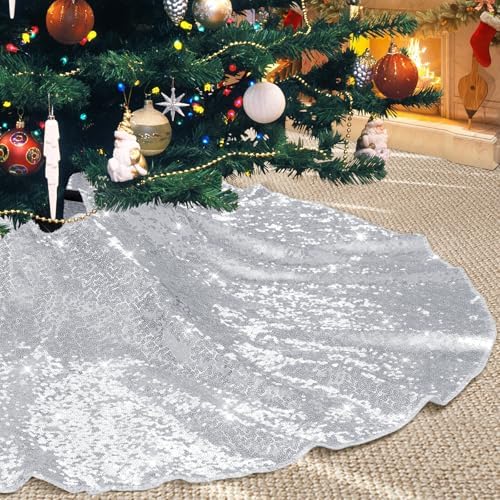 Poise3EHome Silver Christmas Tree Skirt, 36 Inch Sequin Tree Skirt
