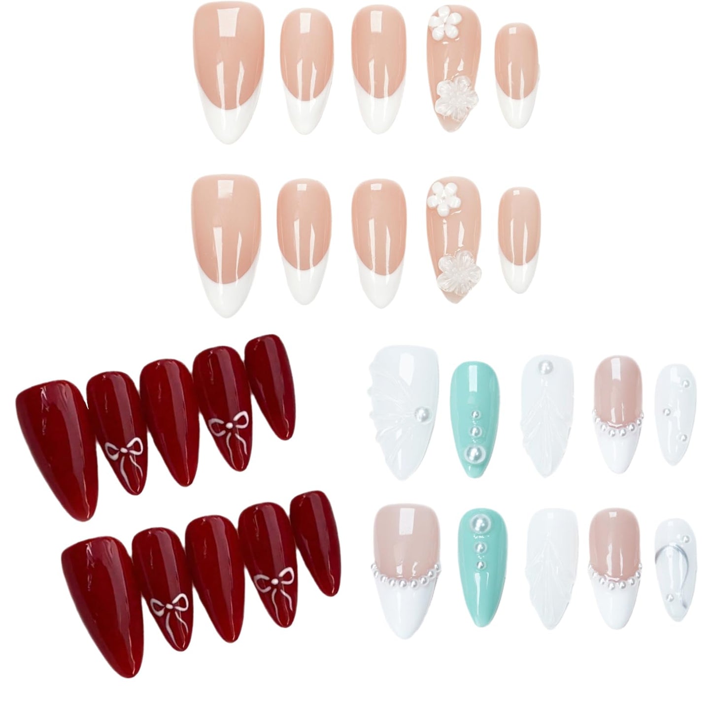3D Pearl White Floral Red Press On Nails for Wedding, Handmade Medium Almond Nude Base White French-Tip Gel Acrylic 30pcs Reusable (Wedding Collection, Size M)