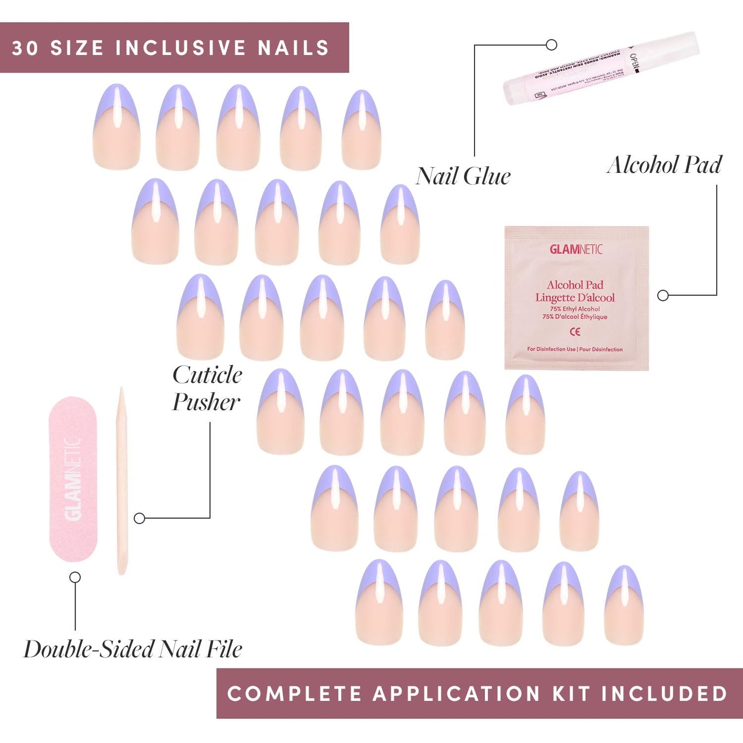 Glamnetic Press-On Nails Bundle - French Lilac, Goal Digger & Caviar | Almond Purple Tips with a Glossy Finish | Natural Round False Nails with Gold Foil | Short Almond Black