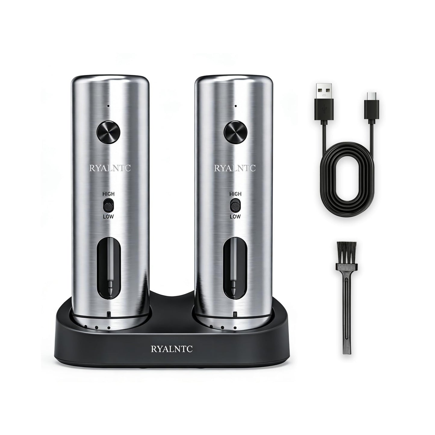 RYALNTC Electric Salt and Pepper Grinder Set with Rechargeable Base Upgraded Stainless Steel Automatic Salt and Pepper Shakers,Upgraded 2-Speed Setting,External 6 Adjustable Coarseness with LED Light