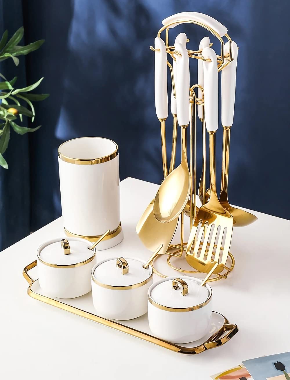 AQUAX Stainless Steel kitchenware seven Pieces Set (White Gold).Cooking Utensils 7 pcs Set with hanging shelf .Include Slotted Spoon, Slotted Spatula, Large Spoon, Soup Ladle, Spatula, Pasta spoon.
