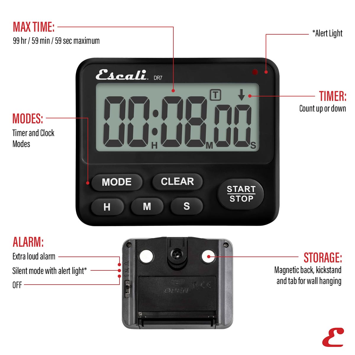 Escali Extra Loud Display Digital Kitchen Timer with Clock Mode, Recall Timer Magnetic Back