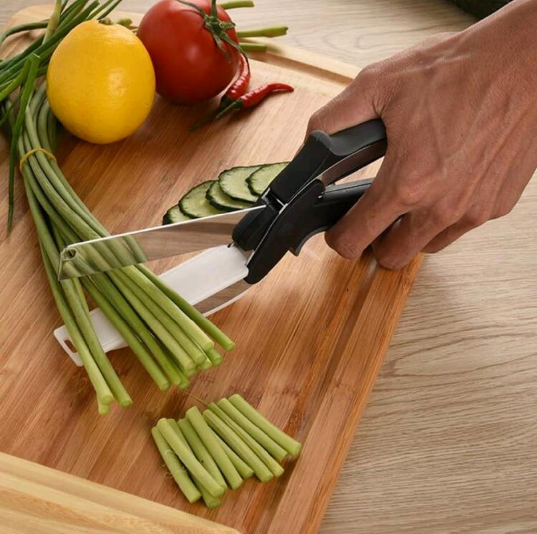 Professional 2-in-1 Kitchen Smart Cutter – Stainless Steel Vegetable Scissors & Food Chopper with Built-in Cutting Board – Multi-Function Slicer for Fruits, Veggies, Cheese, and Meat