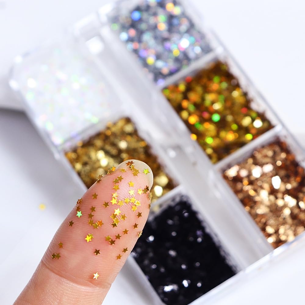1 Box 6 Color Holographic Tiny Star Nail Glitter Laser Gold Nail Sequins 3D Laser Silver Nail Flakes Sparkly Glitter Flakes Shiny Nail Glitter Champagne Nail Sequins Glitter for Nails Art 6 Grids