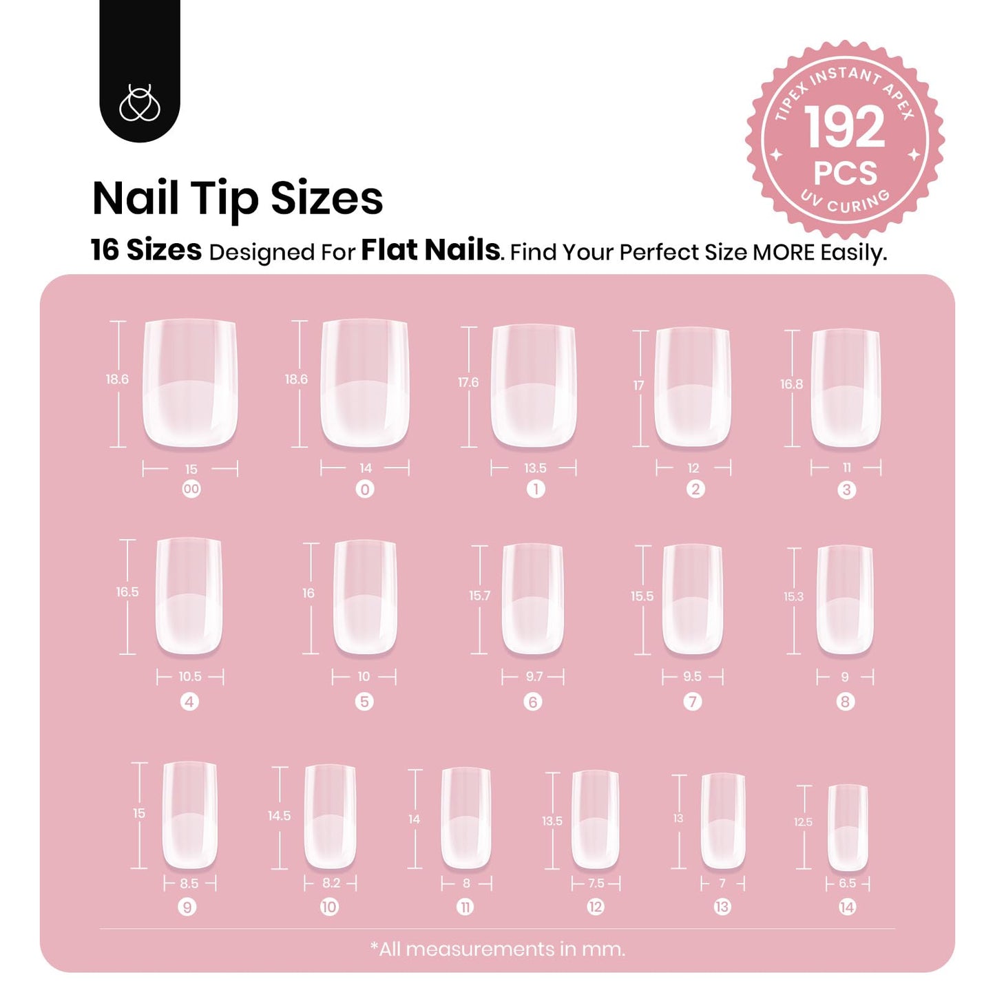 Beetles Tipex Instant Apex Nail Tips, XS Short Square, 16 Sizes |00–14, 192pcs, Built-In Apex, No Builder Gel Required, Thicker Strong Acrylic Tips for DIY Nail Extensions