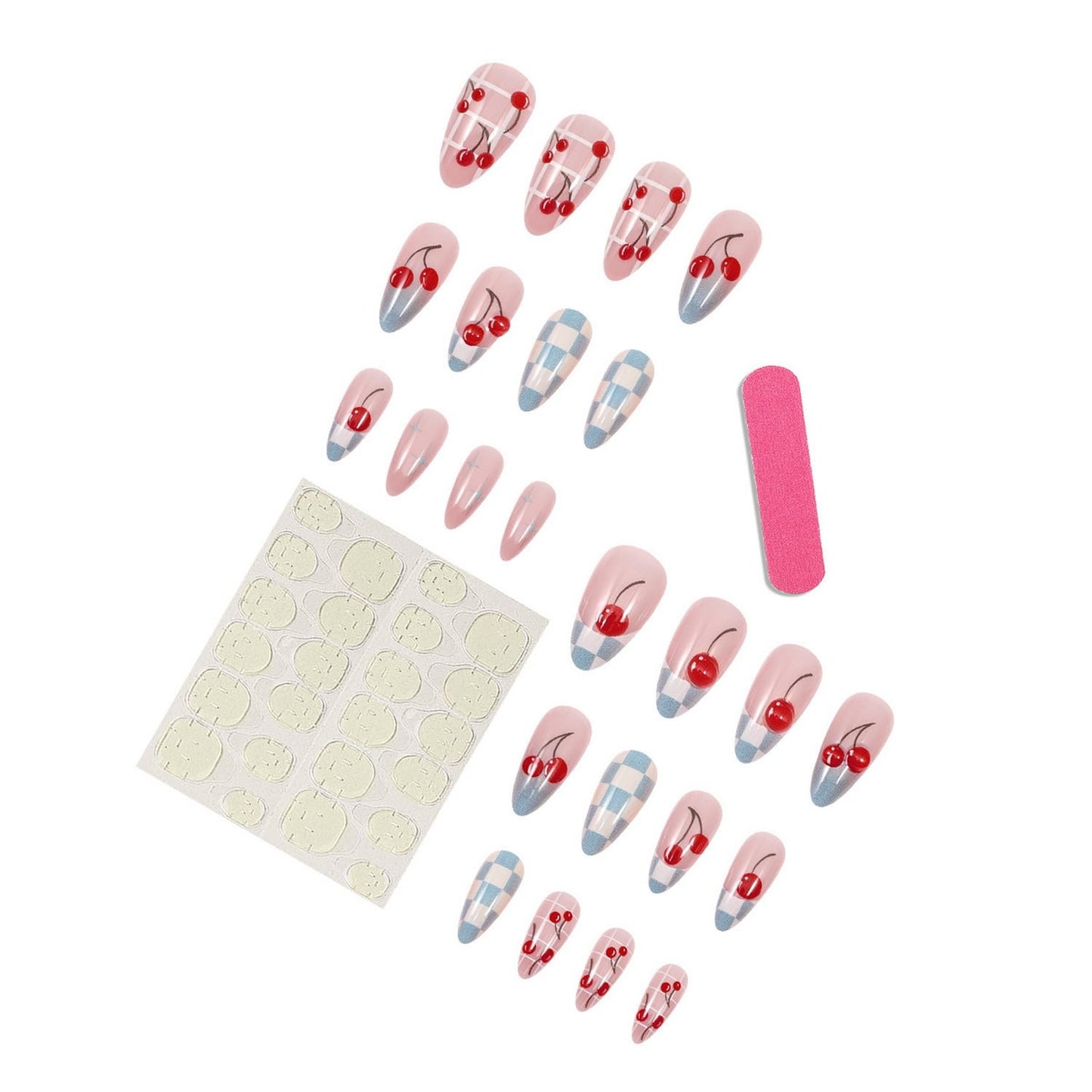 24pcs Cherry Press on Nail Almond Shape Fake Nails with Grid designs Blue Stick on Nail Full Cover French Tip Medium Press ones Cute Summer False Nails for Women Manicure Decor