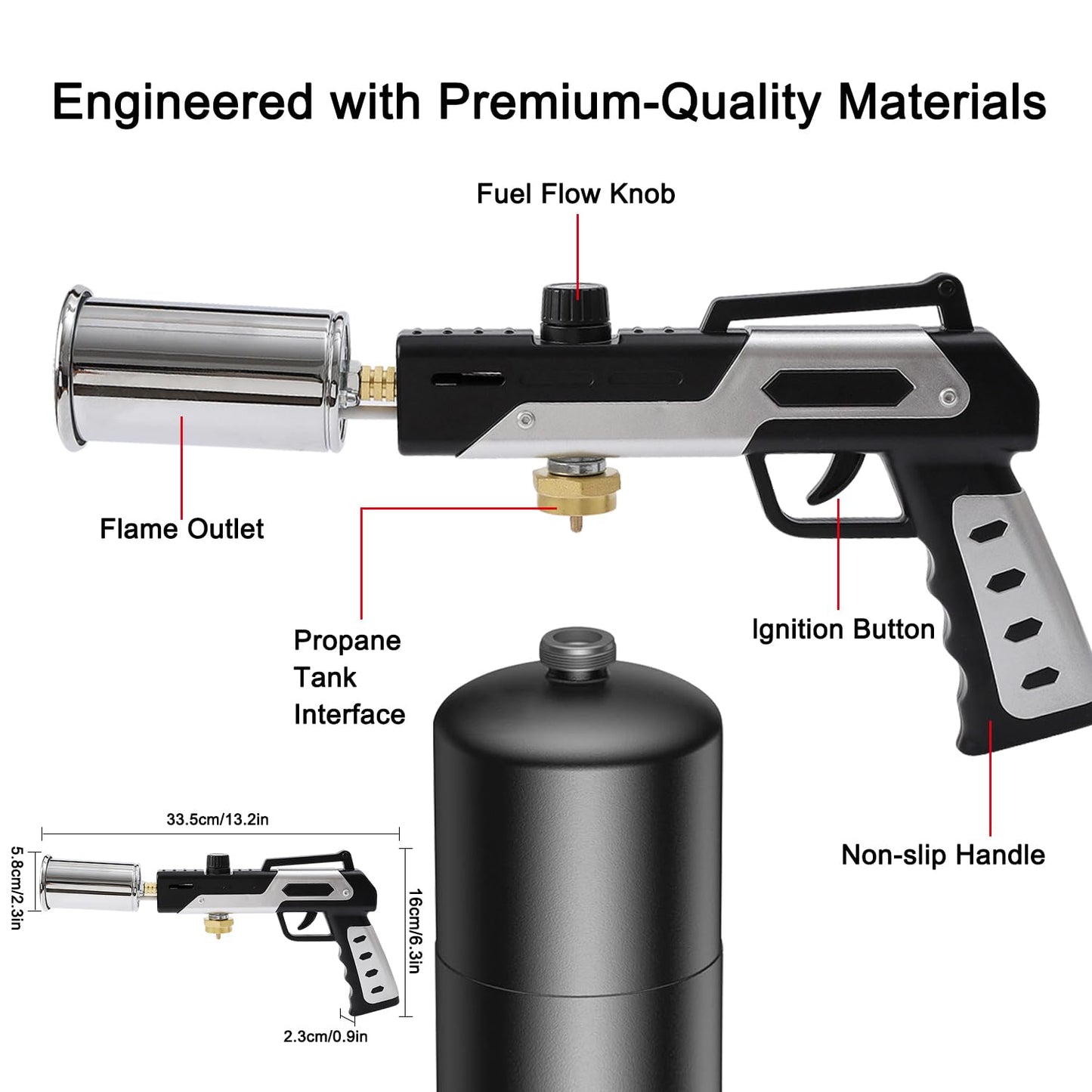 Rroetxi Powerful Propane Torch, Kitchen Cooking Torch, Culinary hand Torch Lighter, Adjustable flamethrower gun for Sous Vide Searing Steak, BBQ, Grill, Campfire Charcoal Starter
