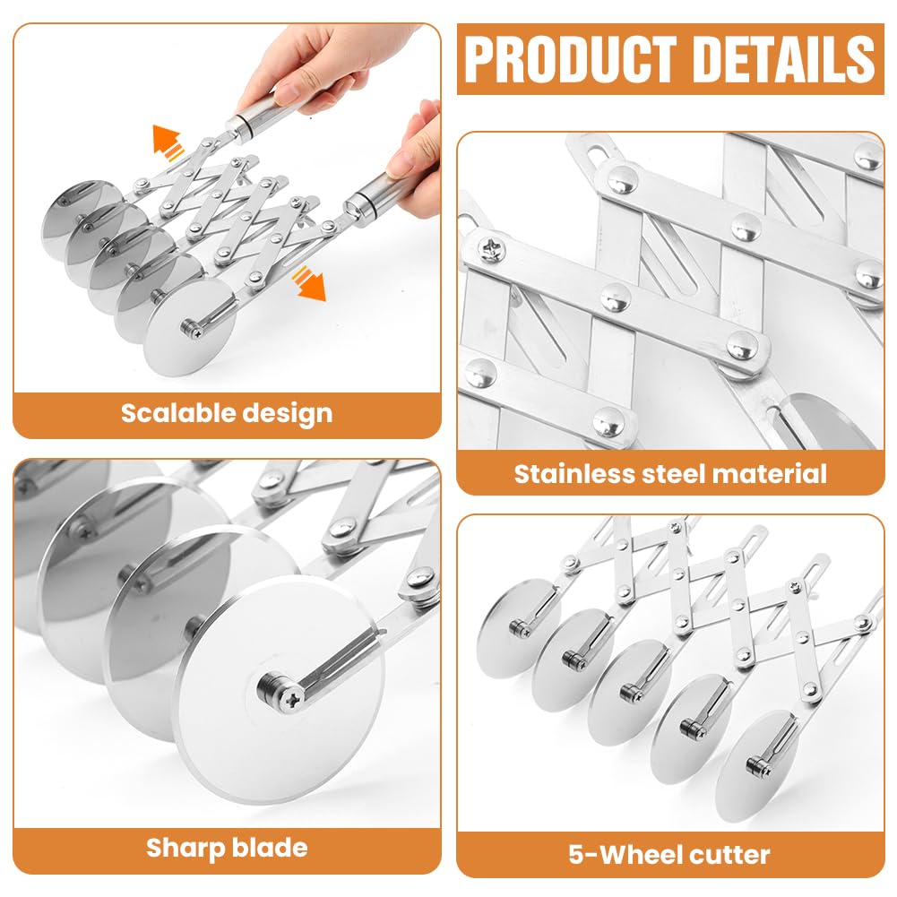 5 Wheel Pastry Cutter, Expandable Stainless Steel Dough Cutter Wheel with Handle, Baking Roller Cookie Dough Divider, Multi-Round Pastry Knife, Pizza Cutter Roller and Pie Server