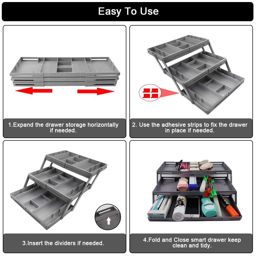 3 Tier Drawer Organizer Collapsible, Multi Level Drawer Organizer, Junk Drawer Organizer for Office, Makeup, Jewelry, Vanity, Kitchen(1 Row 3 Tier)
