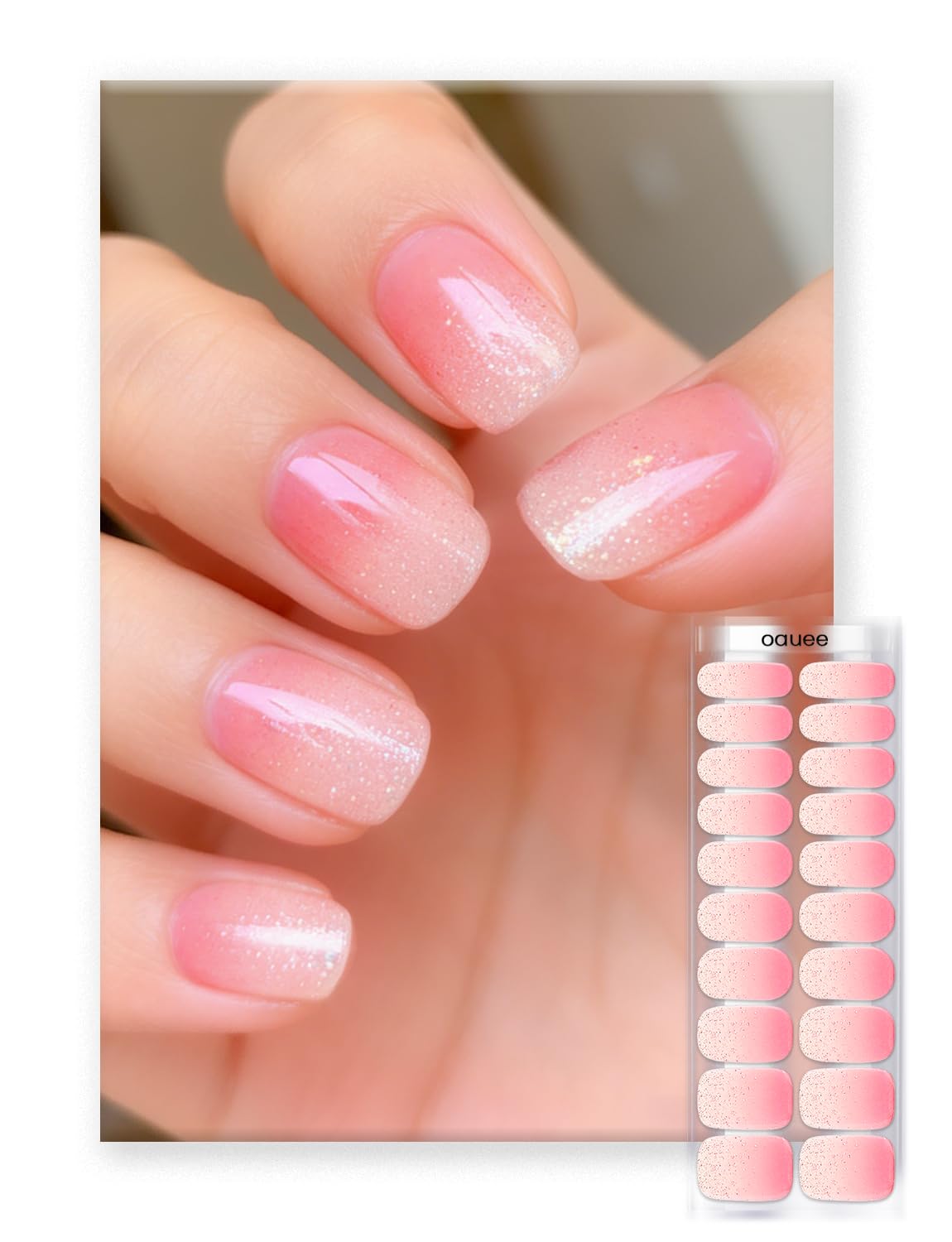 Oauee Semi Cured Gel Nail Strips | Built-In Gel Top Coat | UV Light Required | Salon Quality, Easy Application And Removal (Pink Shimmer Ombre)