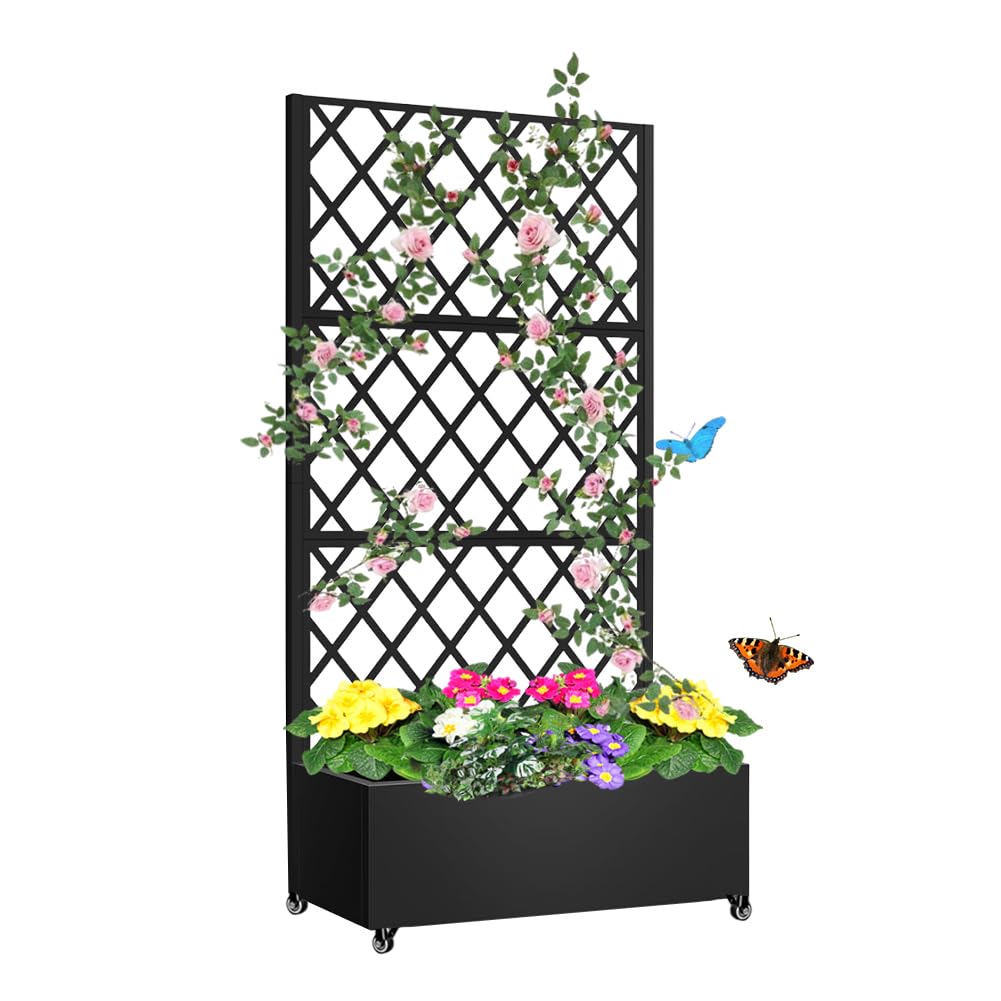 Metal Planter Box with Privacy Screen Trellis,Galvanized Raised Garden Bed On Wheels for Climbing Plants Vines, Standing Garden Flower Bed with Drainage Holes (Black, 35" L x16 W x 73" H)