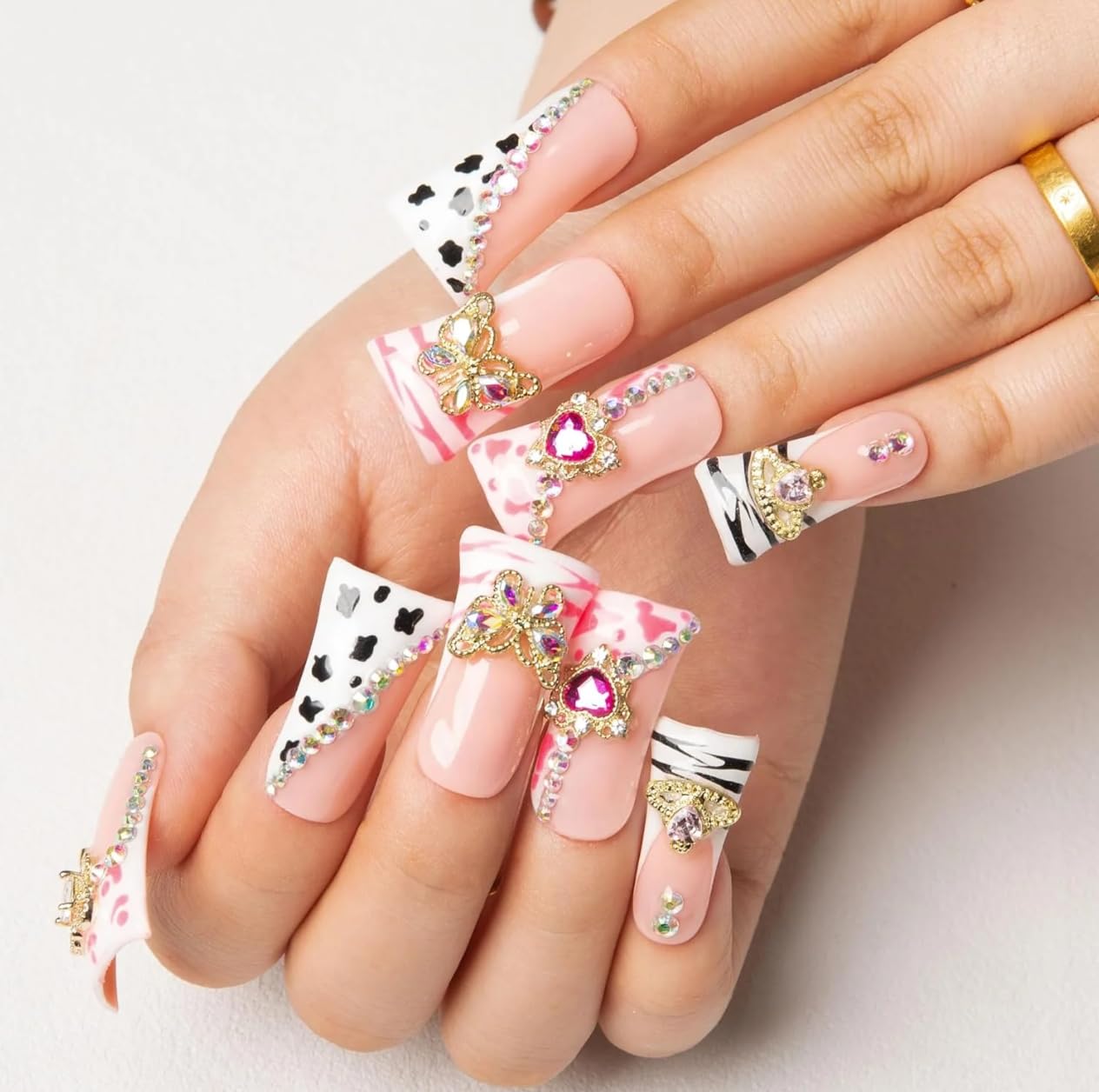 LOVFUL Reusable Press on Nails | Rolling Luxe | Salon Quality Sustainable Style Handmade with Full Covered Crystals | Duck Classic Regular 1.3 in | H144-S