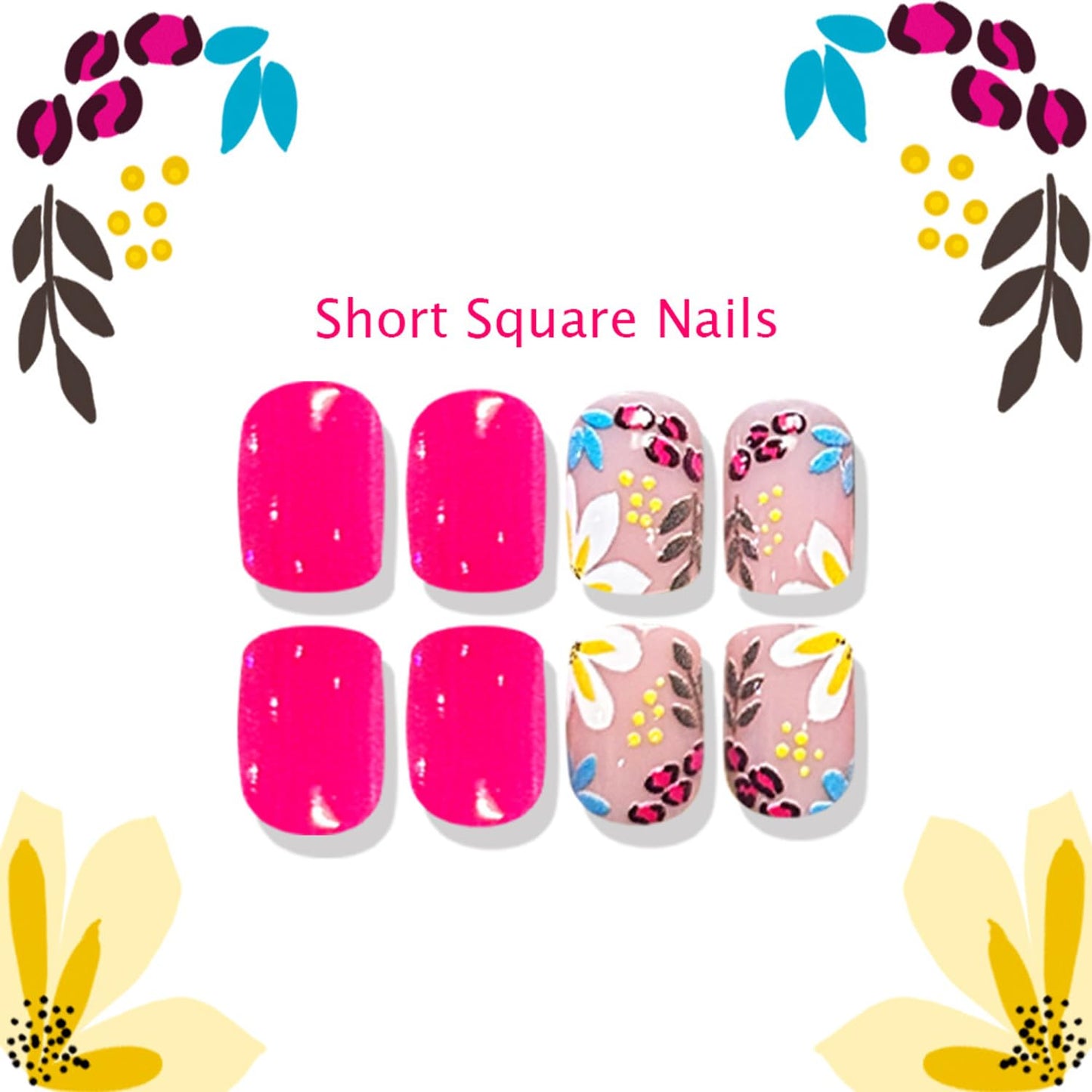 Short Square Press On Nails Pink Fake Nails With Flower Design Summer False Nails Glossy Full Cover Artificial Glossy Acrylic Spring Stick On Nail Reusable Cute Glue On Nail For Women 24pcs