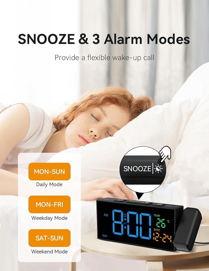 Netzu Projection Clock for Bedroom Ceiling, Digital Clocks with 180° Rotatable Projector, Date Temperature and Weekday Blue