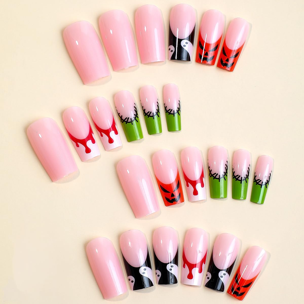 Halloween Press on Nails Long Sqaure Fake Nails French Tips Nails Press ons Pumpkin Ghost Face Acrylic Nails Wound Blood Designs False Nails Glossy Glue on Nails for Women Girls 24Pcs