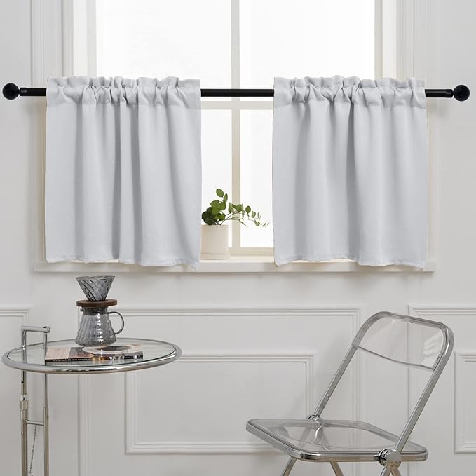 Pickluc Rod Pocket Tier Curtain - Half Blackout Curtain for Kitchen, Bathroom, Cabinet, Basement, 42 Inches Wide and 24 Inches Long, White, 2 Panels