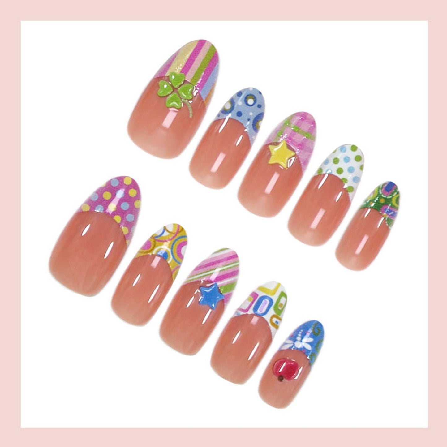 30Pcs Colorful Polka Dot Press on Nails Medium Almond French Fake Nails Color Stripes Design False Nails 3D Star & Apple & Clover Acrylic Nails Nude Glossy Full Cover Artificial Glue on Nail for Women