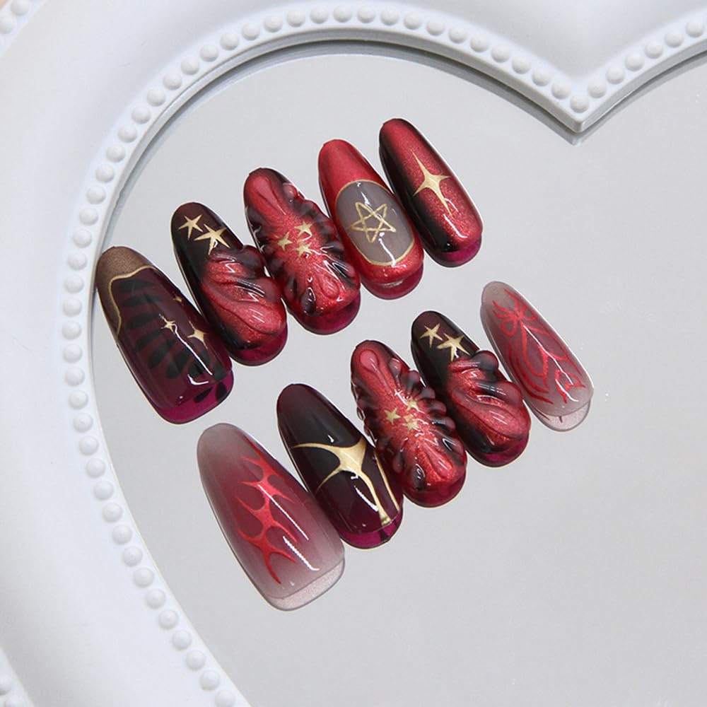 24 Pcs Summer Press on Nails Short Almond,MINGCHUN Red Fake Nails Press ons Acrylic Nail Art Tips Kit Full Cover False Nails Glue on Nails with 3D Texture Starburst Design for Women Nail Supplies