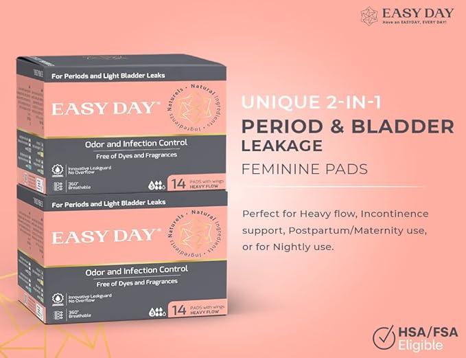 EASYDAY Heavy Flow(2-in-1 Period & Light Bladder Leakage Feminine Pads) with Wings, Sensitive Skins, Unscented, Breathable, Ultra Thin Innovative Leak Guard, Individually Wrapped [Patented] (28)