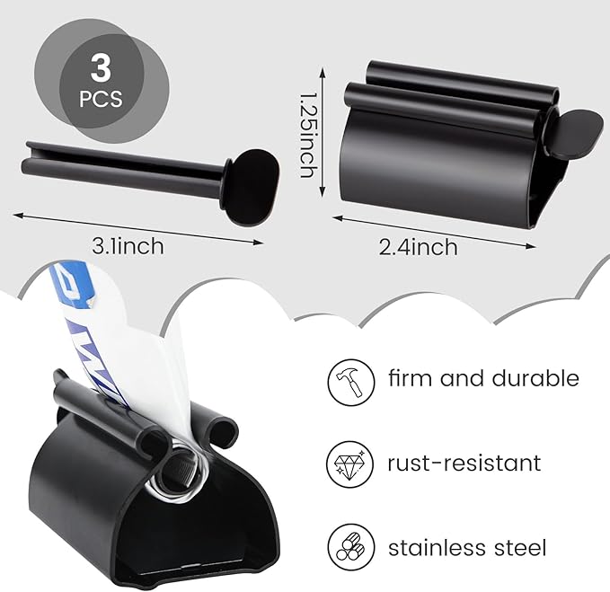 LOVEINUSA Toothpaste Tube Squeezer Dispenser, 3PCS Toothpaste Roller Squeezer Tool Metal Stainless Steel Tooth Paste Holder for Bathroom, Black