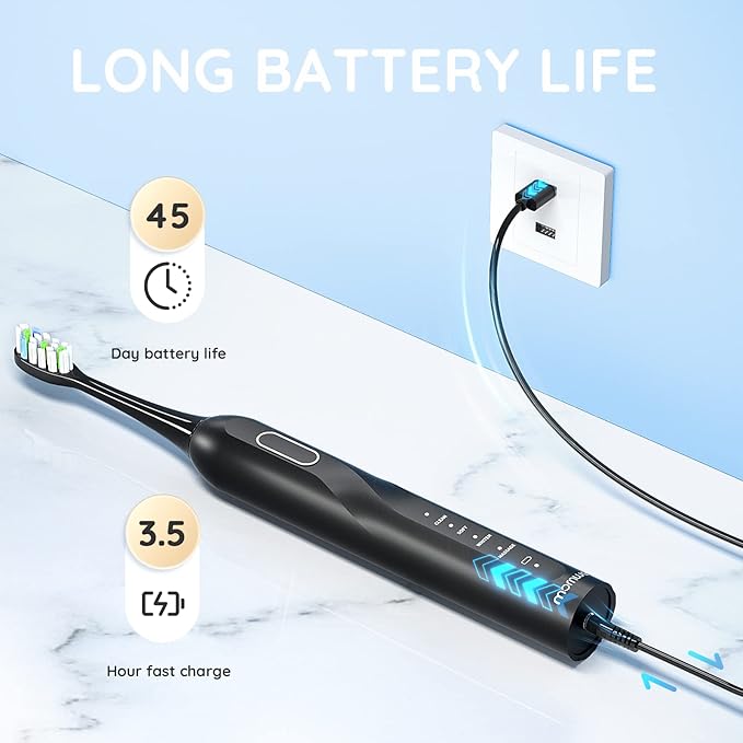 Sonic Electric Toothbrush - 5X More Effective Cleaning, 8 Brush Heads, 4 Modes, Low Noise Design for Adults