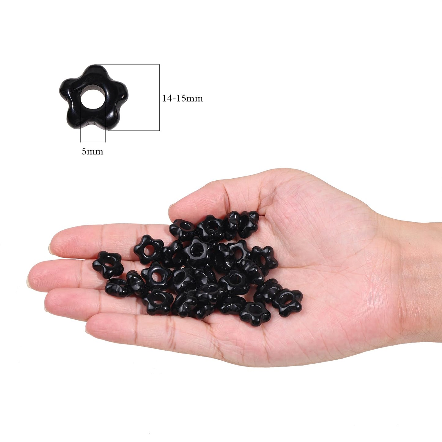 TUMBEELLUWA 10 Pcs Natural Crystal Flower Shaped Beads for Jewelry Making 5 mm, Black Obsidian Large Hole Beads for Crafts Macrame Hair Braids