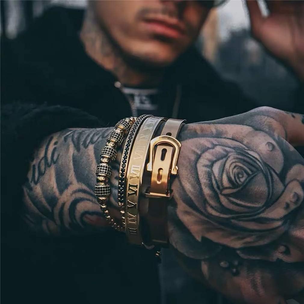 Jarlinwel Gold Silver Plated Bracelets for Men Women Roman Numeral Bangle Bracelet Stainless Steel Personalized Engraved Unisex Gift (Gold 8mm Mens)