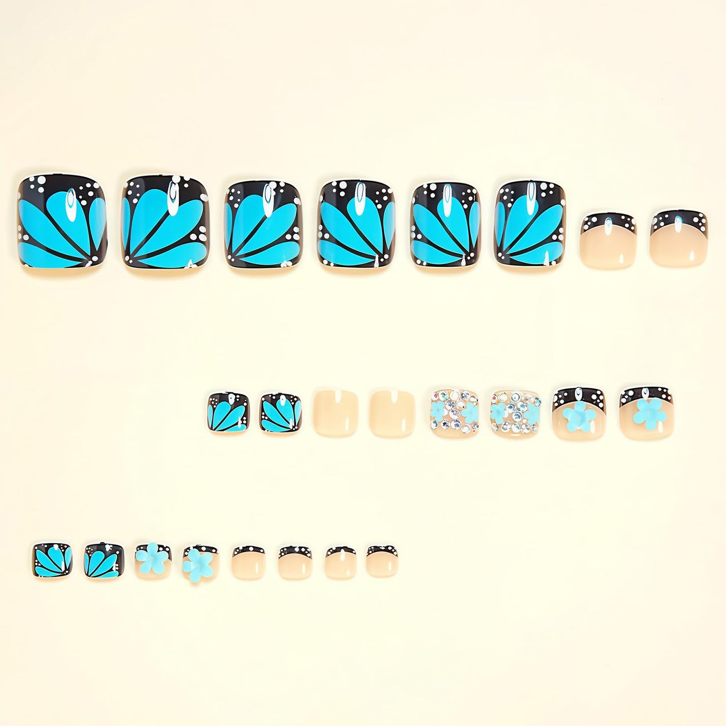 MISUD Toe Press on Nails - Fake Toenails with Black French Tip, Acrylic Toenail Blue Butterfly Flower Design 24 pcs