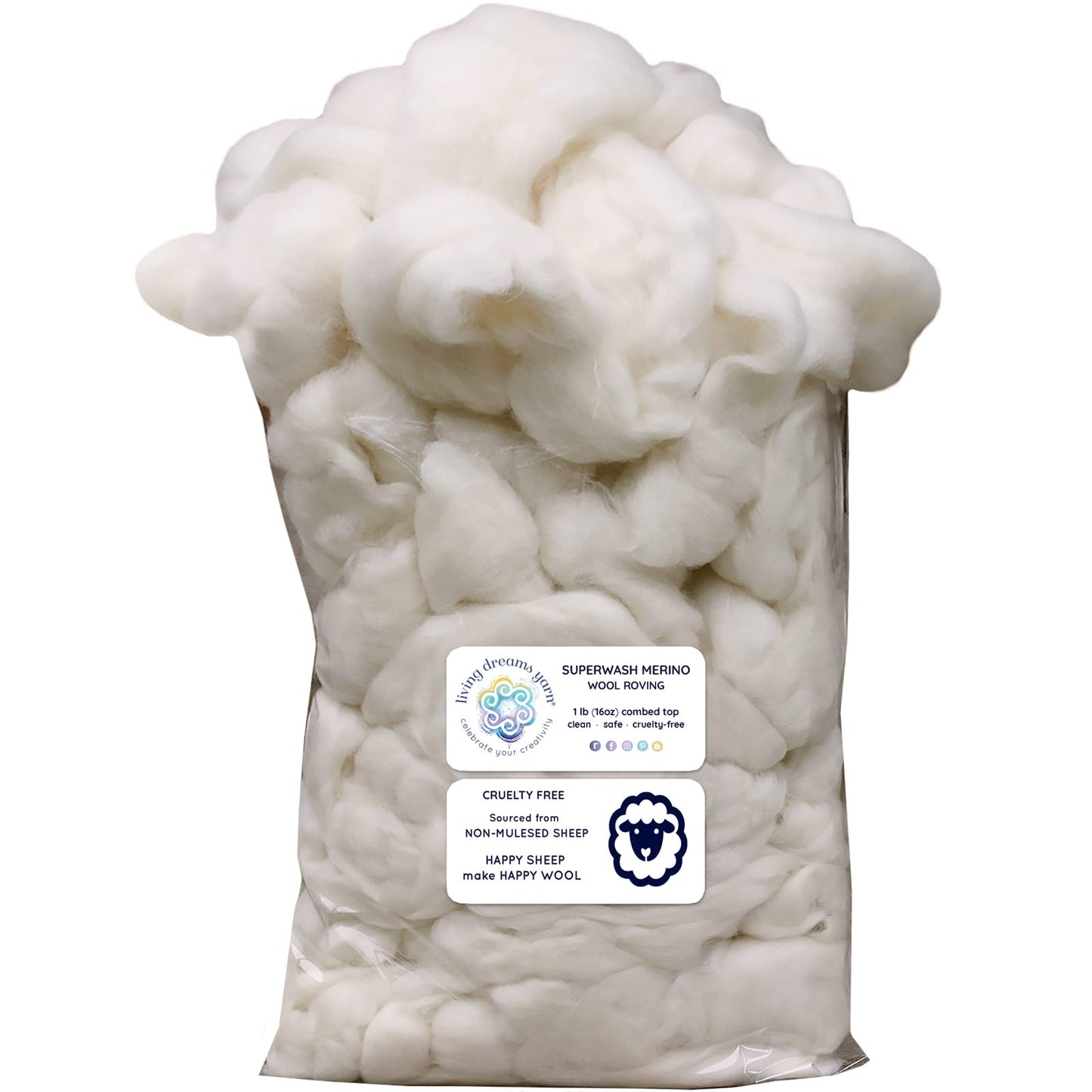 SUPERWASH MERINO Wool Roving. Ethically & Responsibly Sourced Fiber for Spinning, Blending, Filling and Stuffing - 1 LB Bag, Natural White Combed Top