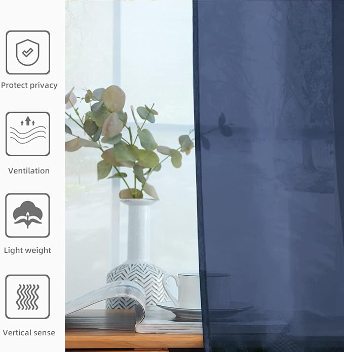 SpaceDresser Sheer Voile Window Treatment Rod Pocket Curtain Panels for Kitchen Bedroom Living Room Drapes Sunlight Filtering Privacy Semi Home Decor Assorted Colors Sizes (Navy, 52 W x 84 L)
