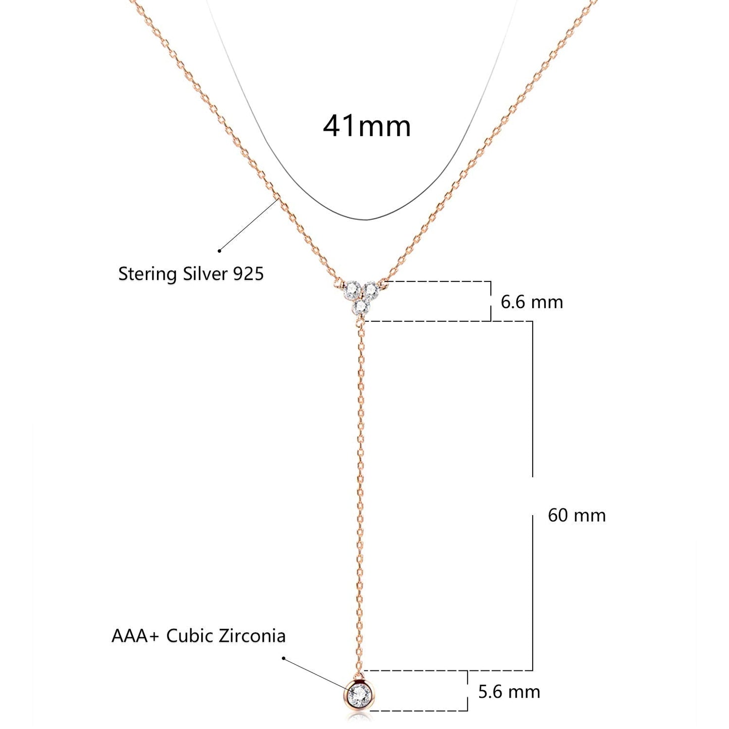 espere Womens Sterling Silver Dainty CZ Lariat Necklace Triple CZ Cluster Y-Shaped Necklace 18K Rose Gold Plated