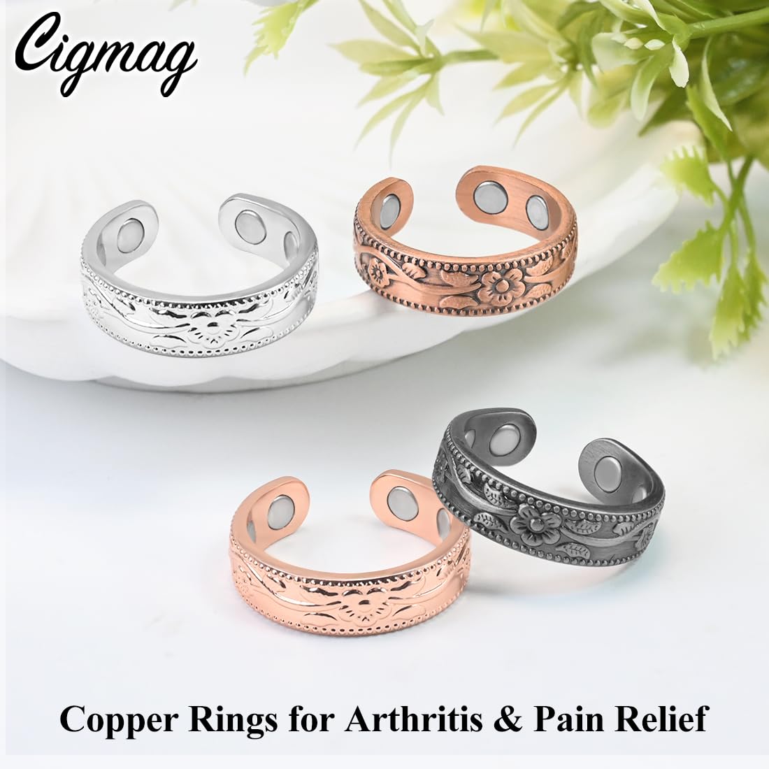 Cigmag 4PCS Copper Rings for Women Pure Copper Magnetic Ring Strong Magnets Adjustable