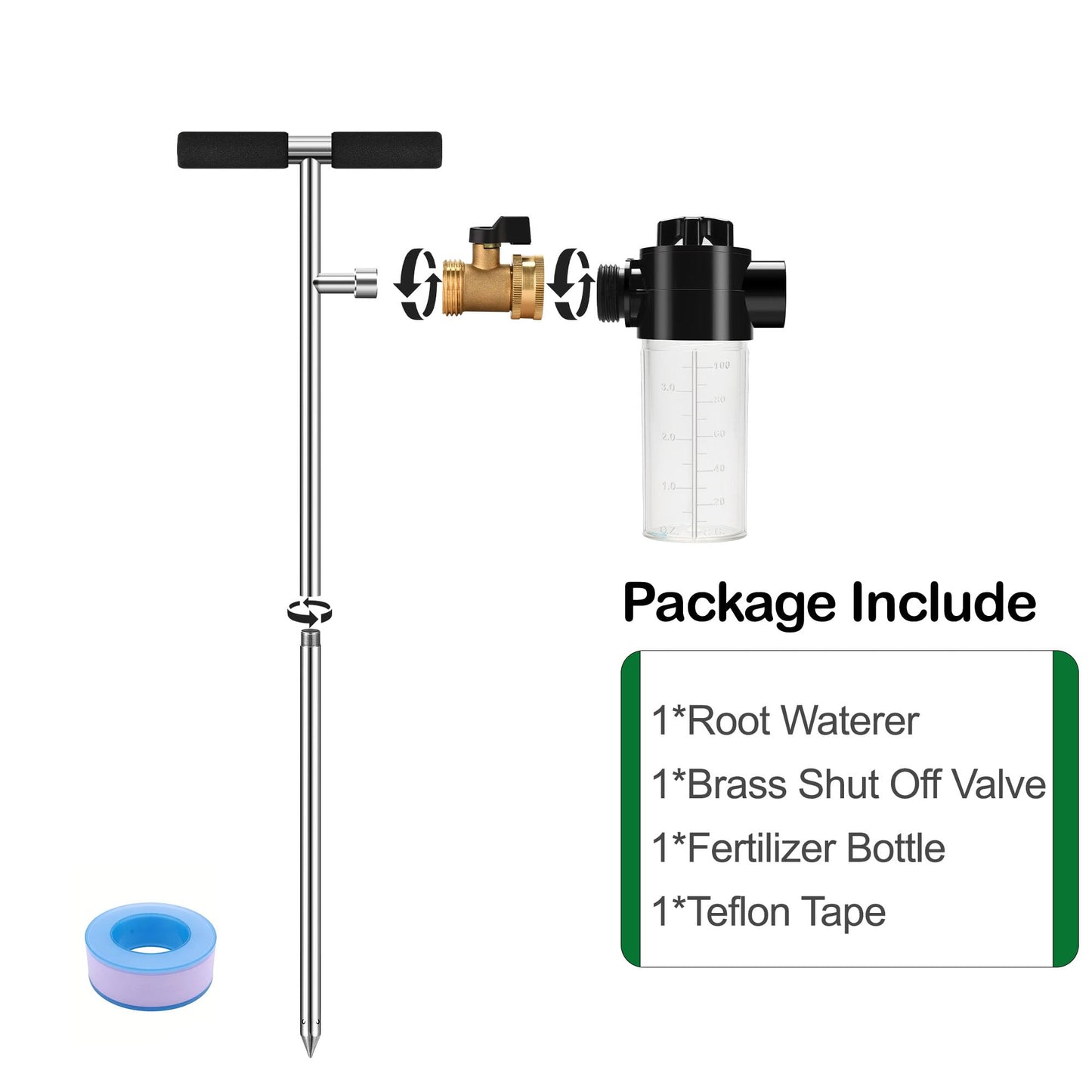 Caulimo Deep Root Watering Tool for Trees, Tree Watering Spike with Fertilizer Bottle, Stainless Steel Root Feeder for Garden, Orchard & Shrubs, Tree Irrigation System with Brass Valve, T-Handle
