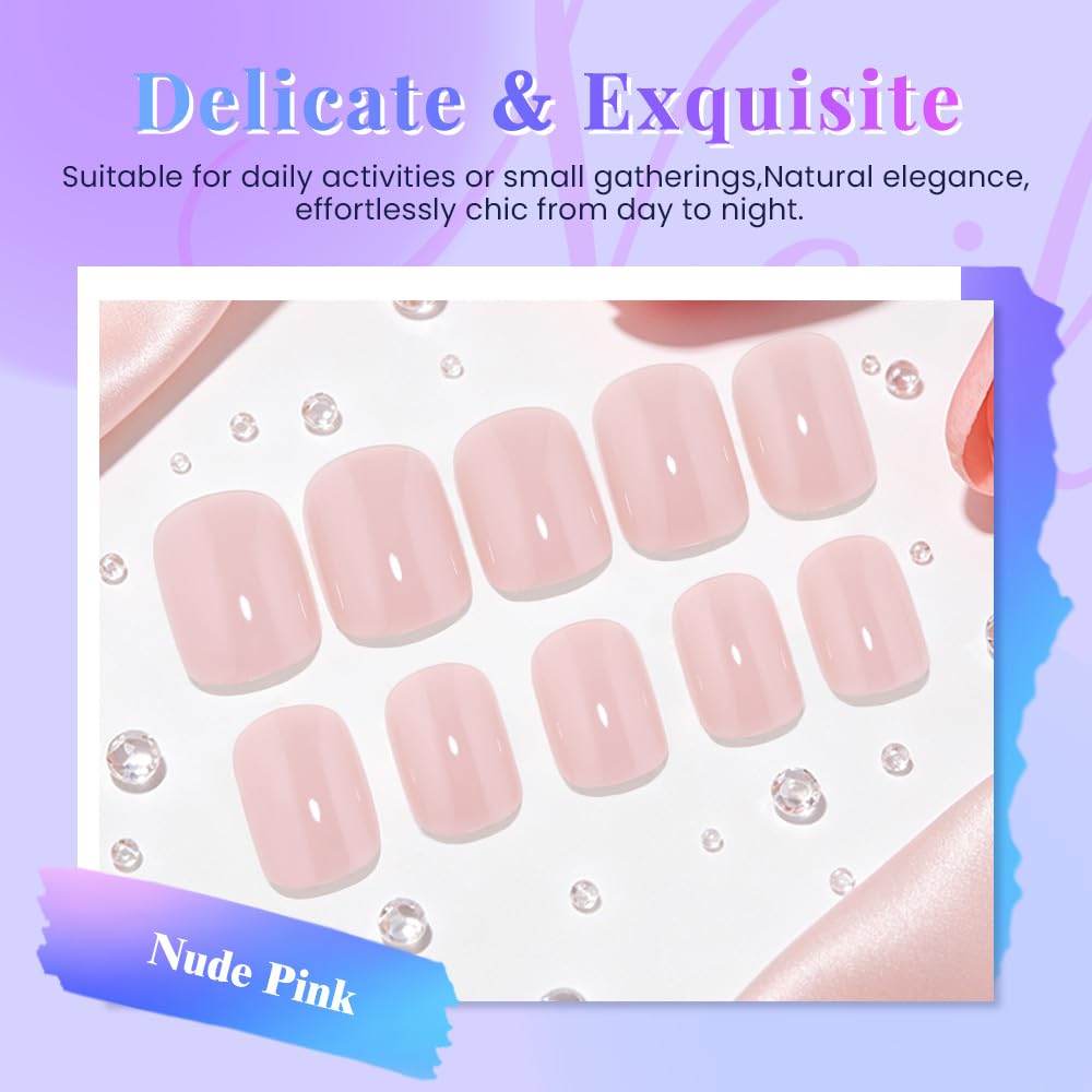 evpct Nude Pink Glossy Squoval Short Press on Nails for Women, Nude Pink Extra Short Squoval No Glue Stick on Nails with Kit, Reusable Full Cover Soft Press on Fake Nail Salon-quality Perfectly Fit