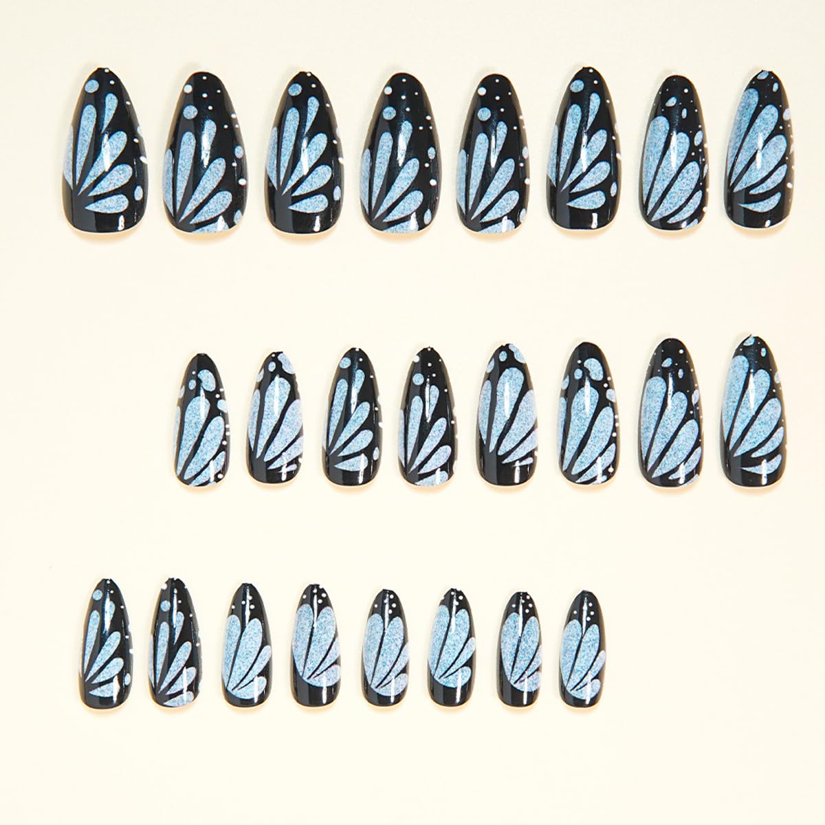 Medium Almond Black Press on Nails - Blue Butterfly Design, Full Cover Glossy Fake Nails 24PCS for Women