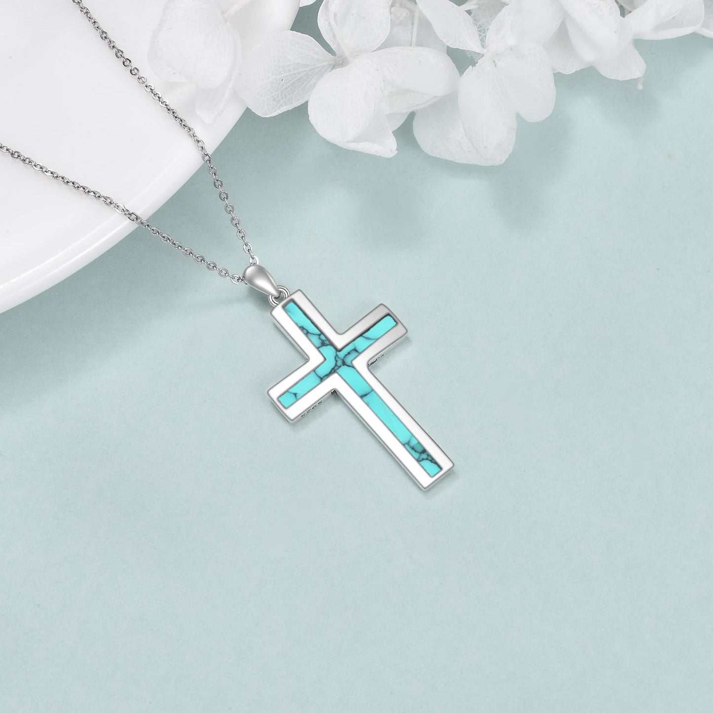 YFN Cross Necklace Sterling Silver Turquoise Cross Pendant Religious Jewelry Gift for Women Men