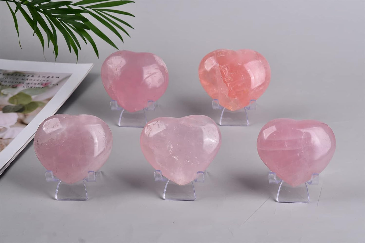 JIC Gem Heart Shaped Rose Quartz Crystal Healing Stone Large Pocket Palm Worry Stone with Display Stand Chakra Reiki Balancing 2.9"-3.3"