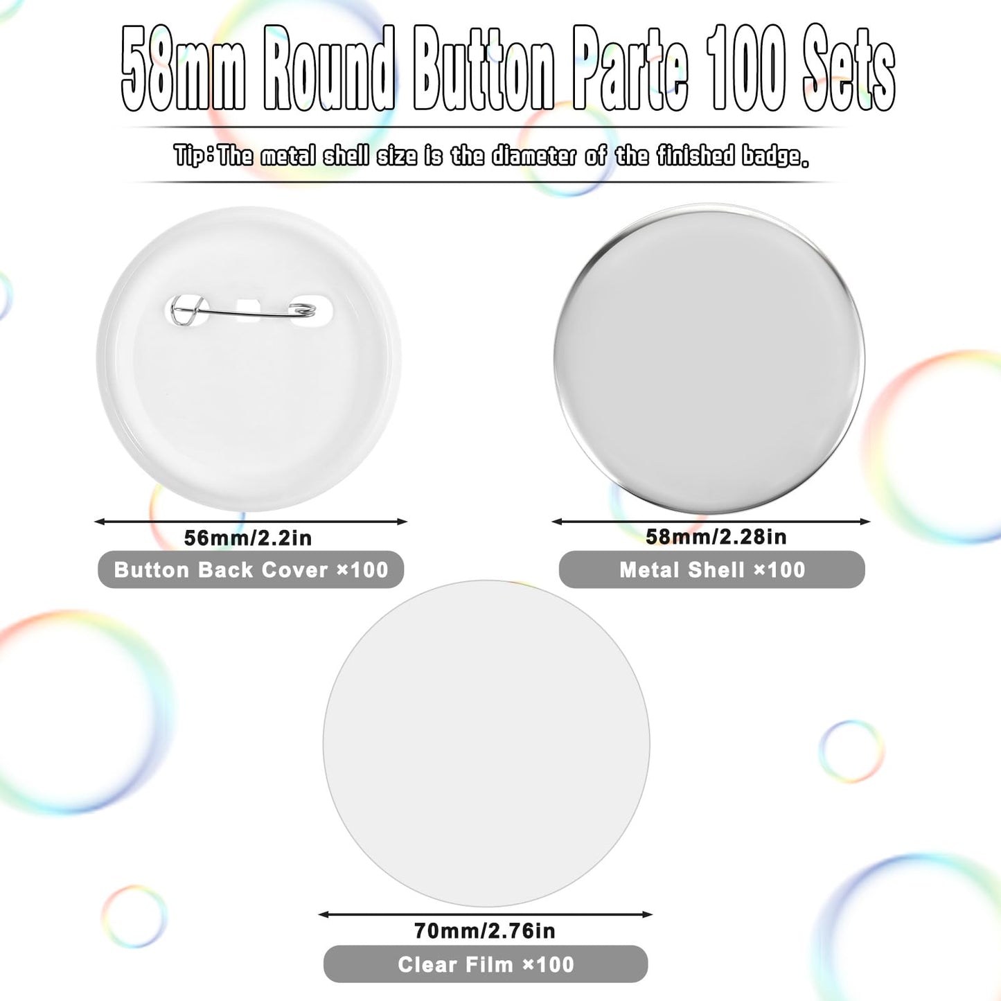 Yuanan 100 Sets Button Maker Supplies 58mm/2.25 Inch Button Supplies with Metal Covers, Pin Backs and Clear Film Badge Parts Pin Buttons Kit for Buttons Makers Machine Pins Maker Press