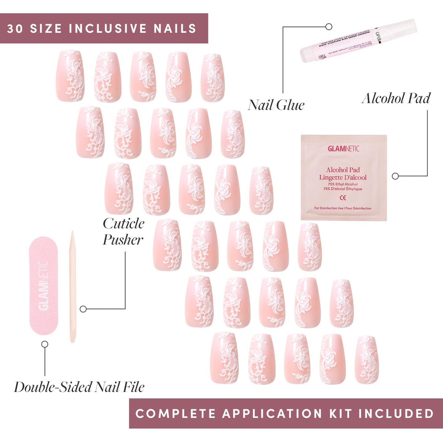 Glamnetic Press On Nails - Lace Blush | Spring Nails, Glossy, Matte, Opaque, Medium Coffin Fake Nails, with Lace Detailing, Salon Quality | 15 Sizes - 30 Nail Kit with Glue