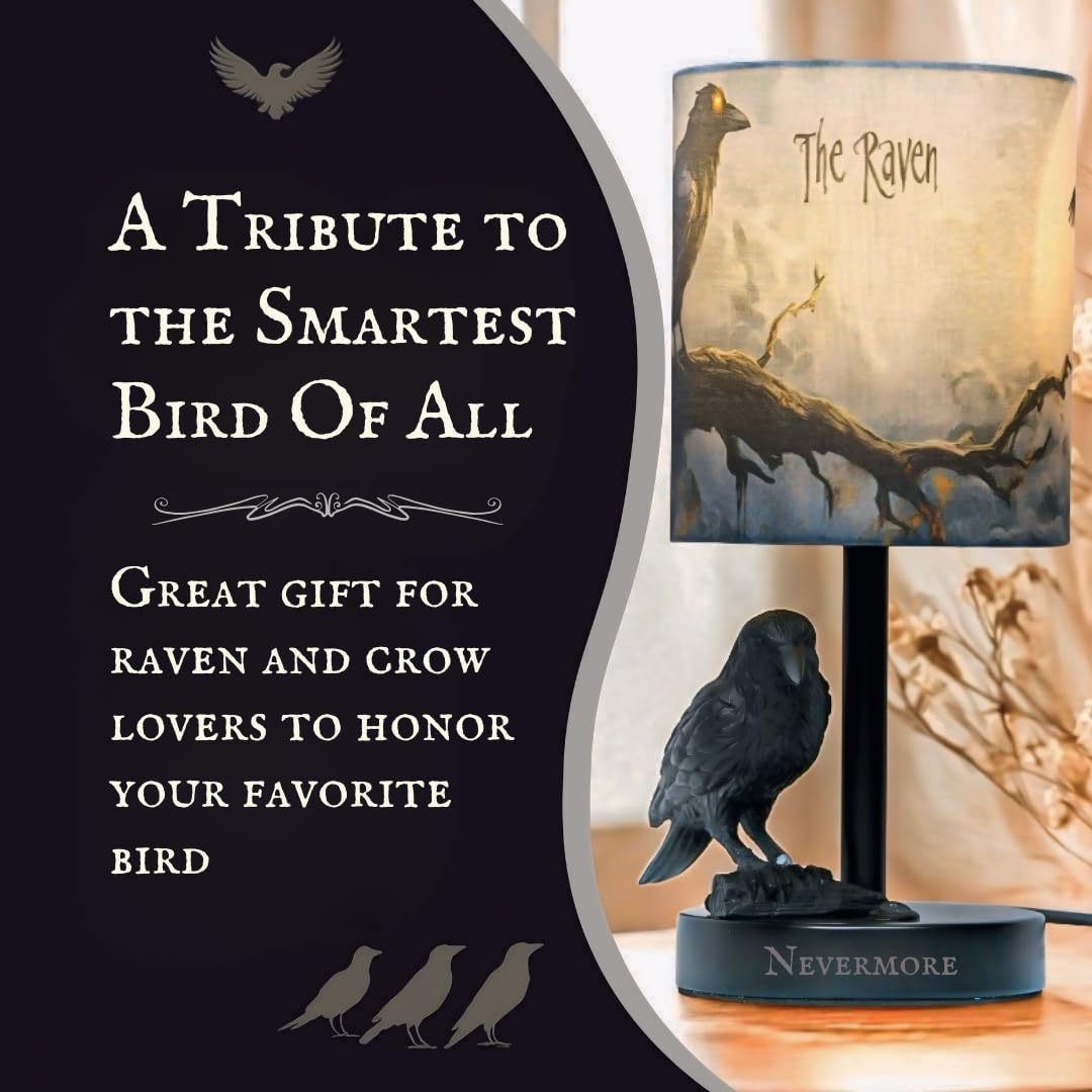 Raven and Crow Table Lamp - Valentines Goth Themed Gifts Lamp – Gothic Desk Lamp with LED Bulb – Nevermore Inspired Edgar Allan Poe Gift for Library or Bedroom - Dark Academia, Witchy, Viking Decor
