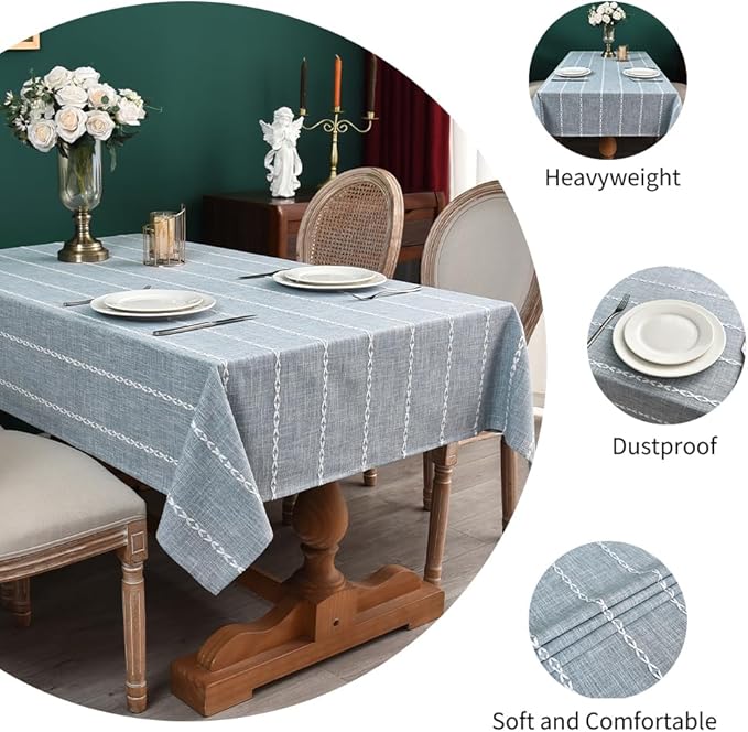 Zobesta Linen Table Cloth Blue Tablecloth Rectangle 86 x 53 Inch, Washable Farmhouse Soft Boho Blue Stripe Tablecloth for Party, Holiday, Picnic, Dining, Outdoor