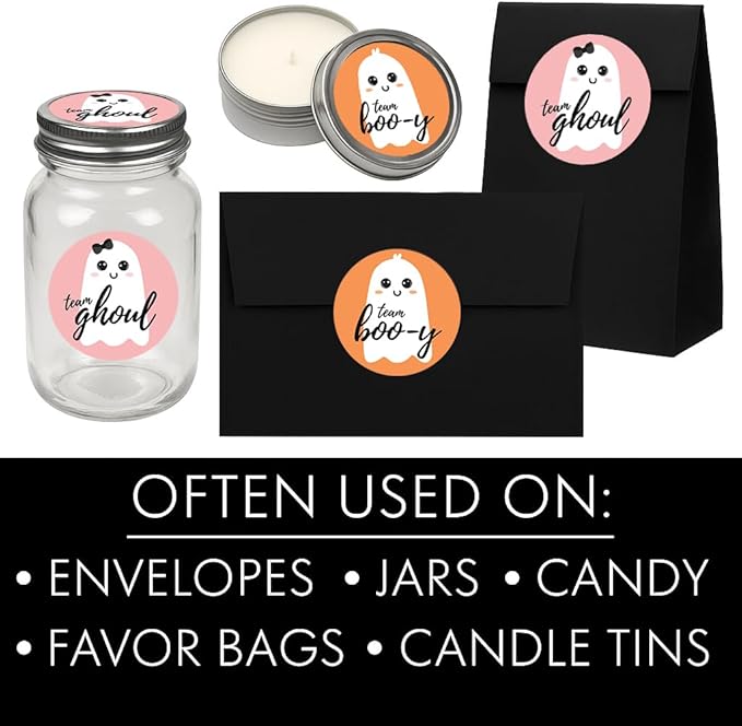 Halloween Gender Reveal Party Stickers 40ct – Team Boo-y or Team Ghoul Little Ghost Design in Orange & Pink