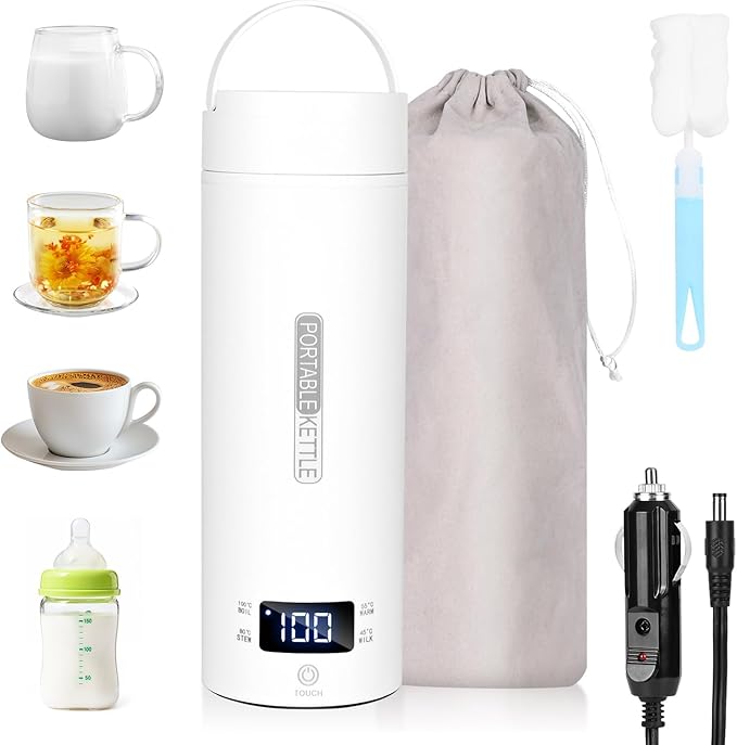lazycozy® Travel Kettle for Car, 16oz Portable Electric Kettle, 4 Temperature Settings 113-212℉, with Clean Brush, Storage Bag, for Milk, Coffee, Tea, Hot Water