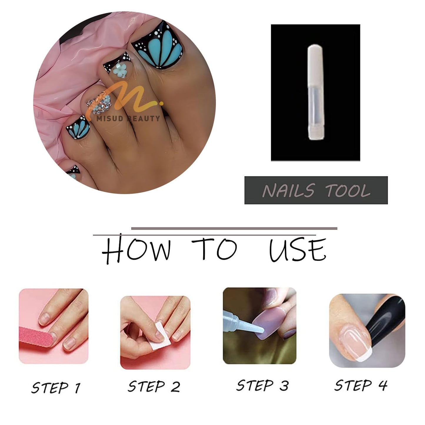 MISUD Toe Press on Nails - Fake Toenails with Black French Tip, Acrylic Toenail Blue Butterfly Flower Design 24 pcs