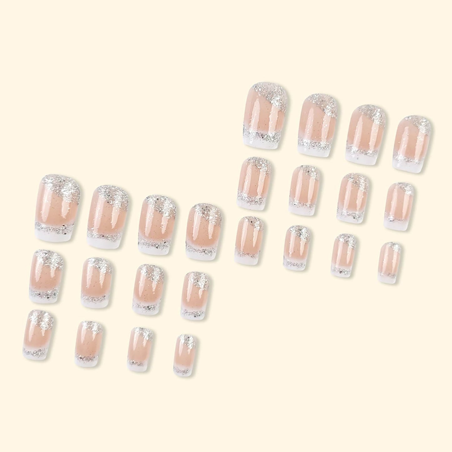 Square Press on Nails White French Tip Nails Press ons Medium Fake Nails with Silver Glitter Designs False Nails Ombre Glossy Artificial Nail Acrylic Glue on Nail for Women Girls 24Pcs