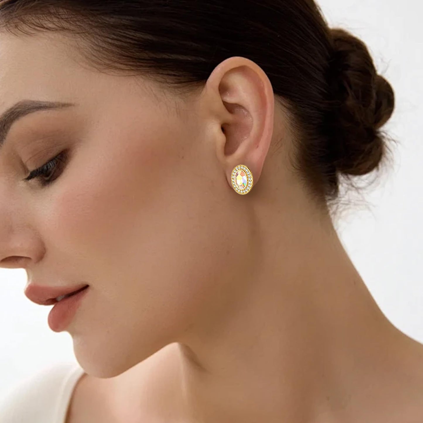 EVEVIC Austrian Crystal Halo Oval Stud Earrings for Women Trendy,14k Gold Plated Hypoallergenic Earring Jewelry Gift (Aurora Borealis)