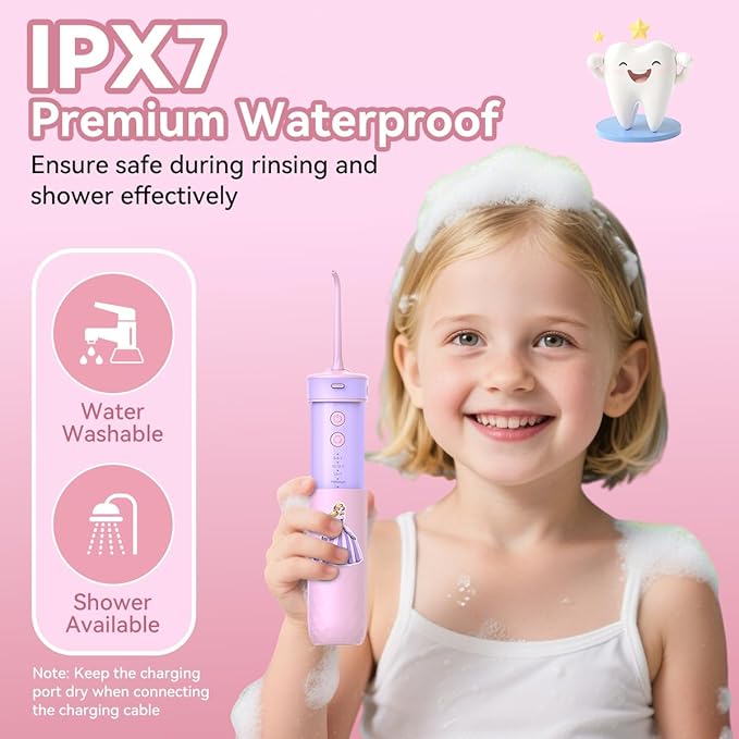 JTF Kids Water Dental Flosser: Rechargeable Portable Oral Irrigator with 4 Flossing Modes 230ml Tank 4 Tips Travel Bag Waterproof Stickers, Cordless Electric Flossers for Teeth Gum Braces Care, Age 6+